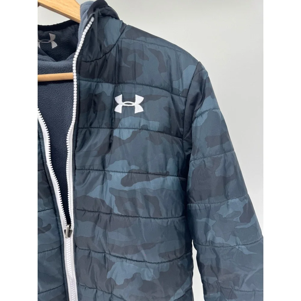 Under Armour Puffer Jacket Kids Large Blue Camo Storm Hooded Coat Reversable